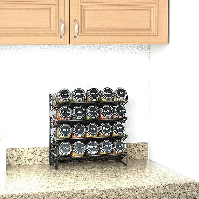 SpaceAid Spice Rack Organizer with 20 Spice Jars, 386 Spice Labels, Chalk Marker and Funnel Set for Cabinet, Countertop, Pantry, Cupboard or Door & Wall Mount - 20 Jars, 9.8" W × 10.8“H, Black - Image 3