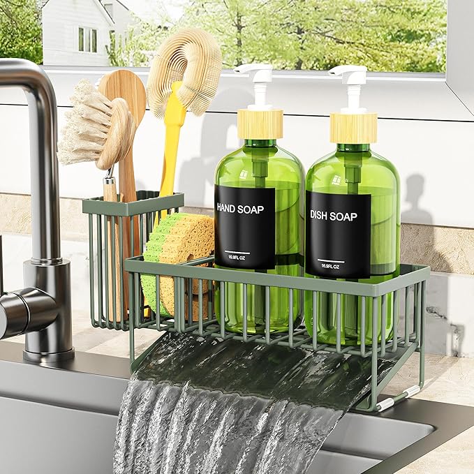 Cisily Sage Green Kitchen Dish Soap Dispenser, 16 fl Oz Dual Kitchen Soap Dispensers with Sponge Holder, Customized Stainless Steel Kitchen Soap Dispenser Set, Modern Hand and Dish Soap Bottle Set - Image 3