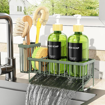 Cisily Sage Green Kitchen Dish Soap Dispenser, 16 fl Oz Dual Kitchen Soap Dispensers with Sponge Holder, Customized Stainless Steel Kitchen Soap Dispenser Set, Modern Hand and Dish Soap Bottle Set - Image 3