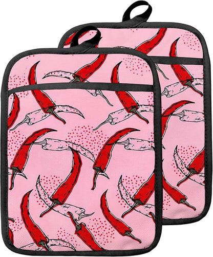 Pink Pepper Kitchen Pot Holders with Pockets, Trendy Red Chili Pepper Oven Pot Holders Heat Resistant Oven Mitts Hot Pads for Kitchen Baking Cooking