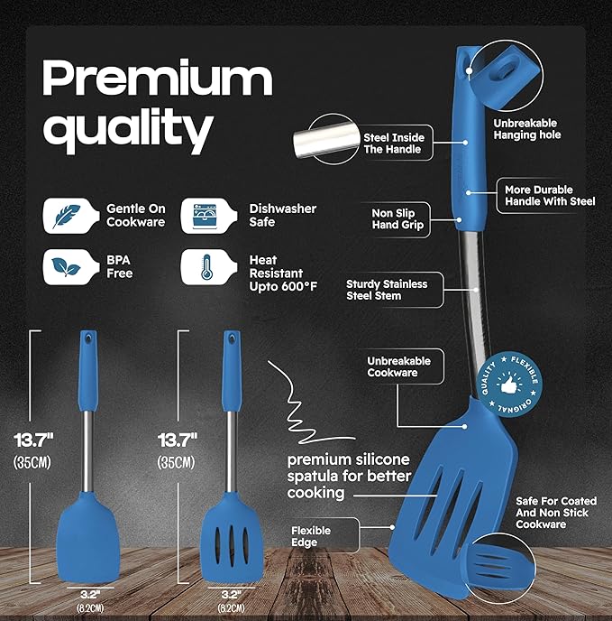 BakeRoyal Silicone Spatula Set - Turner Spatulas Silicone Heat Resistant 600°F - Slotted & Solid Spatula for Cooking Fish, Eggs, Pancakes Flipper – Spatulas for kitchen use – Blue - Image 2