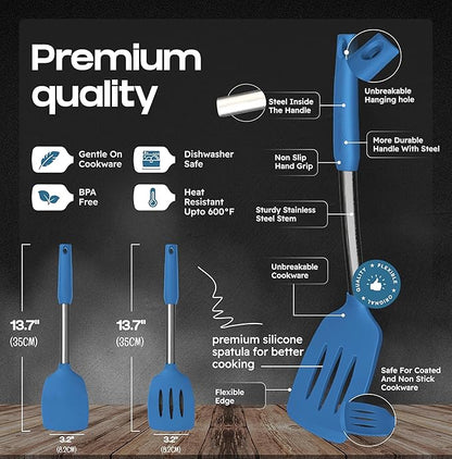 BakeRoyal Silicone Spatula Set - Turner Spatulas Silicone Heat Resistant 600°F - Slotted & Solid Spatula for Cooking Fish, Eggs, Pancakes Flipper – Spatulas for kitchen use – Blue - Image 2