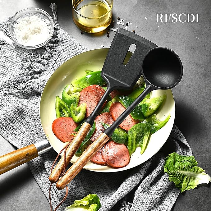 Exquisite Silicone Cooking Utensils Set - Non-Toxic, Heat-Resistant Kitchen Utensils Set with Food-Grade Silicone & Wood Handles - Includes Spatula & Spoon for Non-Stick Cookware, Black - Image 2