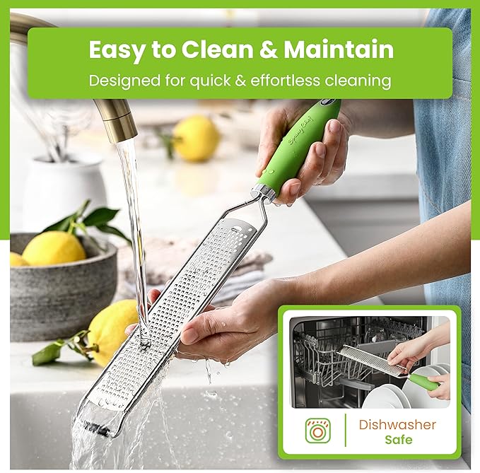 Spring Chef Stainless Steel Lemon Zester Grater with Handle - Garlic, Cheese, Parmesan, Nutmeg, Lime, Ginger Grater - Heavy Duty Kitchen Tool - Citrus Zester with Blade Cover - Fine Shred - Green