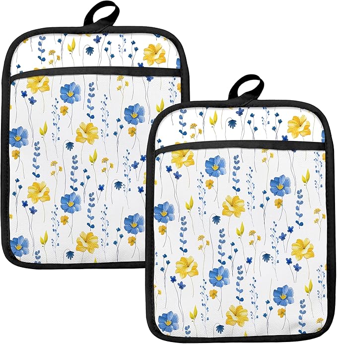 Blue and Yellow Floral Oven Mitts Set, Blue Flower Floral Heat Resistant Kitchen Oven Gloves for Baking and Cooking,Pot Holders by HUGANE