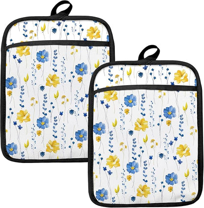 Blue and Yellow Floral Oven Mitts Set, Blue Flower Floral Heat Resistant Kitchen Oven Gloves for Baking and Cooking,Pot Holders by HUGANE