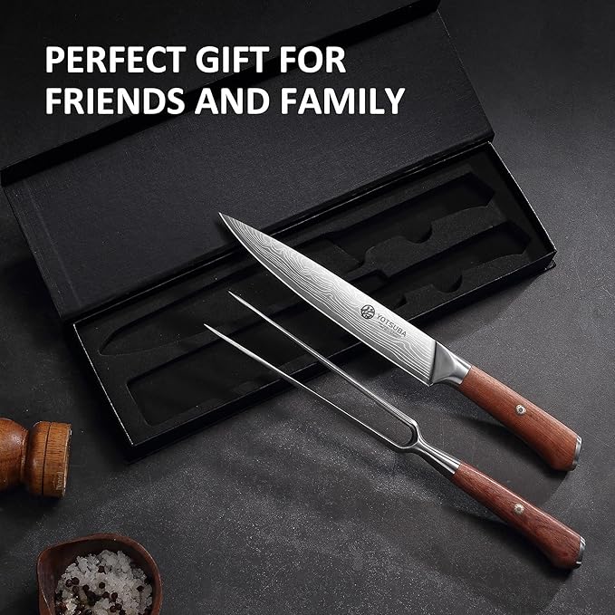 YOTSUBA Japanese Carving Knife and Fork Set, Razor-Sharp German Stainless Steel, Full Tang Ergonomic Rosewood Handle, Slicing Knife for Meats, BBQ & Brisket, Premium Gift Set
