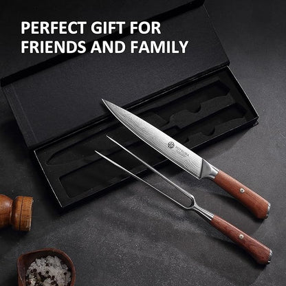 YOTSUBA Japanese Carving Knife and Fork Set, Razor-Sharp German Stainless Steel, Full Tang Ergonomic Rosewood Handle, Slicing Knife for Meats, BBQ & Brisket, Premium Gift Set