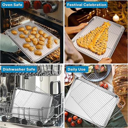 Herogo Stainless Steel Baking Pan Sheet with Wire Rack Set(2 Pans + 2 Racks), 18" x 13" x 1" Cookie Half Sheet Pan Bakeware Set for Oven, Non Toxic & Heavy Duty & Easy Clean-Extra Large