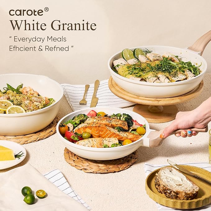 CAROTE 21Pcs Pots and Pans Set, Nonstick Cookware Sets, White Granite Induction Cookware Non Stick Cooking Set w/Frying Pans & Saucepans(PFOS, PFOA Free) - Image 9