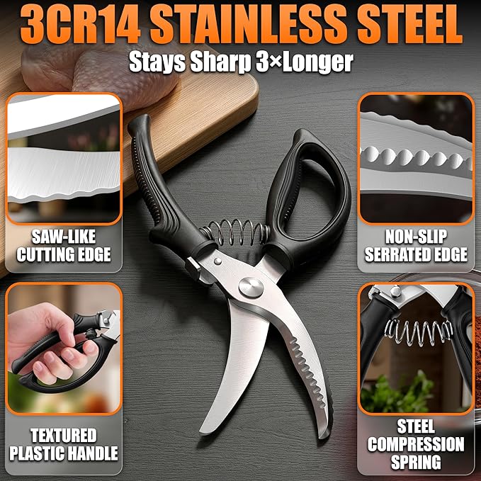 Poultry Shears Heavy Duty – Stainless Steel Chicken Shears with Spring Loaded Design, Non-Slip Serrated Edge & Safety Lock, Dishwasher Safe – Bone Cutting Scissors for Turkey, Poultry & Spatchcock - Image 3
