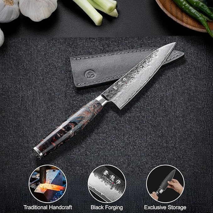 5.5'' Japanese Utility Knife with VG10 Core, Handcrafted 67-Layer Damascus Chef Knife with Ergonomic Handle, Full Tang Multi-Purpose Petty Knives with Luxury Gift Box, Cooking Gifts for Men
