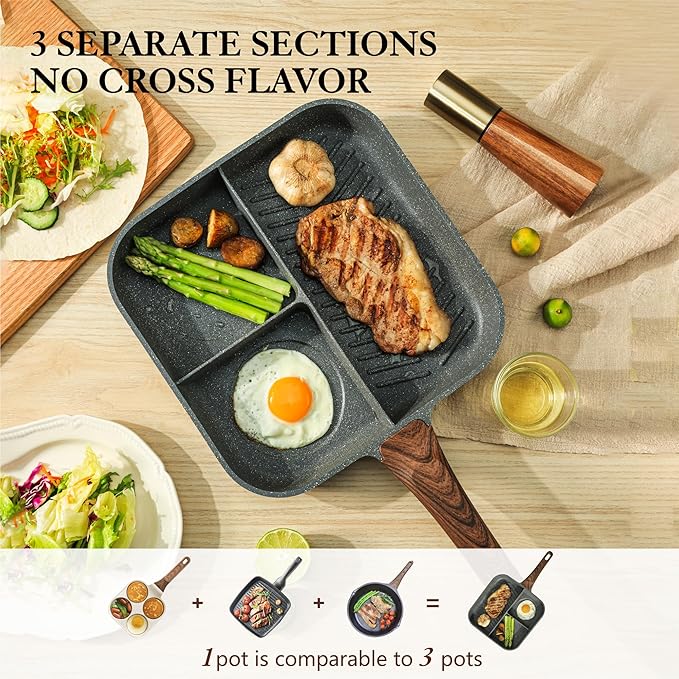 Sensarte Nonstick 11-Inch Square Grill Pan, 3-Section Versatile Breakfast Skillet, Die-cast Aluminum, PFOA, PFOS, APEO Free, Induction, Gas, Electric, Glass, Ceramic - Image 2