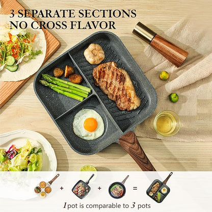 Sensarte Nonstick 11-Inch Square Grill Pan, 3-Section Versatile Breakfast Skillet, Die-cast Aluminum, PFOA, PFOS, APEO Free, Induction, Gas, Electric, Glass, Ceramic - Image 2