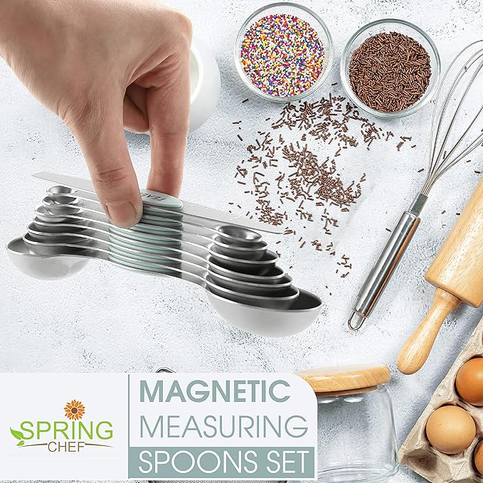 Spring Chef Stainless Steel Magnetic Measuring Spoons Set of 8 with Leveler, Nesting Metal Teaspoon & Tablespoon Measuring Spoons, Kitchen Gadgets for Baking & Cooking, Fits in Spice Jars - Mint - Image 2