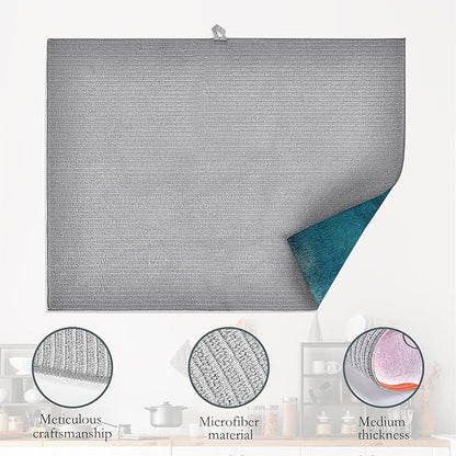 Teal Grey Abstract Art Dish Drying Mat, Drying Rack Pad Countertop Dishes Ultra Absorbent Microfiber Kitchen Counter Mat for Coffee Countertop Decor 18x24 Inch