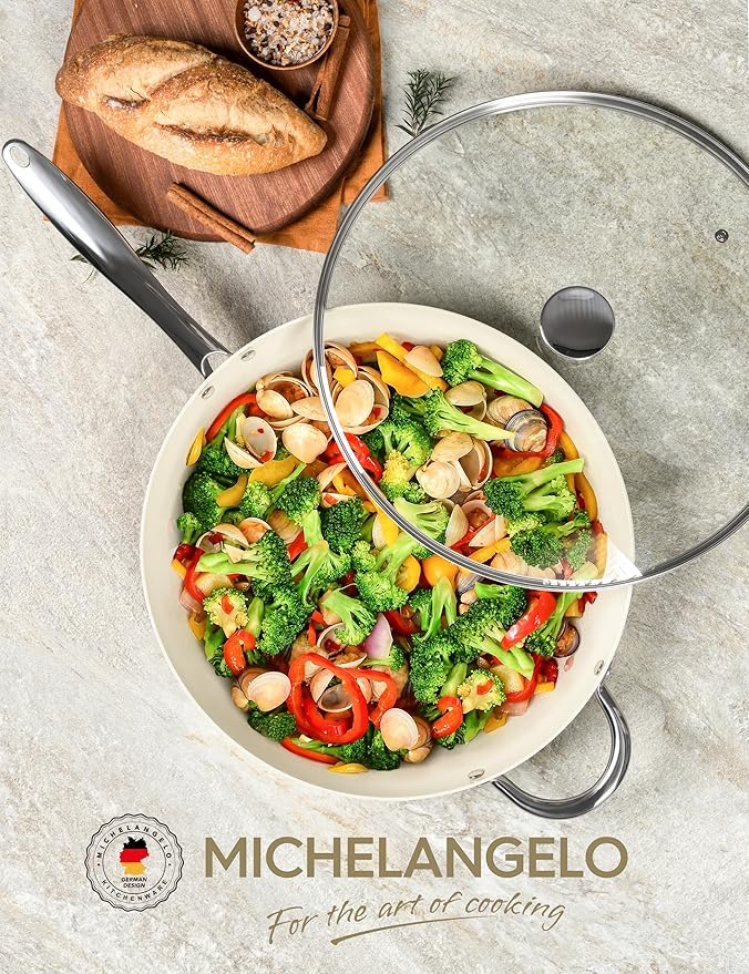 MICHELANGELO Large Frying Pan with Lid, 14 Inch Ceramic Skillet with Nonstick Coating, Healthy Non Stick Fry Pan, Induction Compatible, White - Image 6