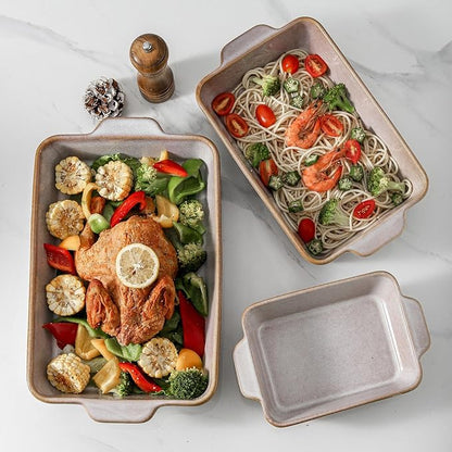 HVH 9x13 Baking Dish Set, Large Casserole Dishes for Oven, Ceramic Bakeware Set of 3, Rectangular Lasagne Pan Deep for Baking (Sand Color) - Image 2