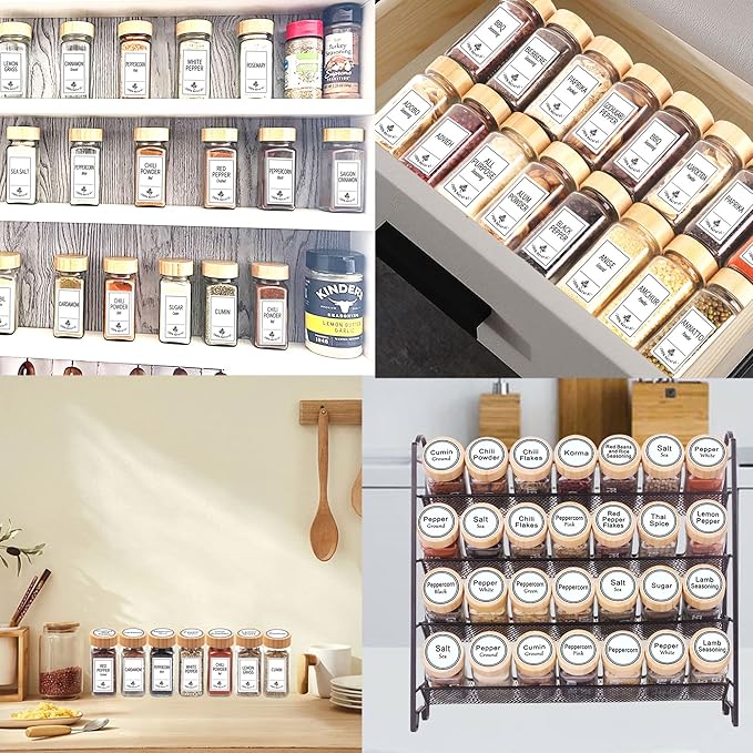 SWOMMOLY 48 Glass Spice Jars with 806 White Spice Labels, Square Spice Bottles 4 oz Empty Spice Containers with Bamboo Lids, Chalk Marker and Funnel Complete Set. - Image 6