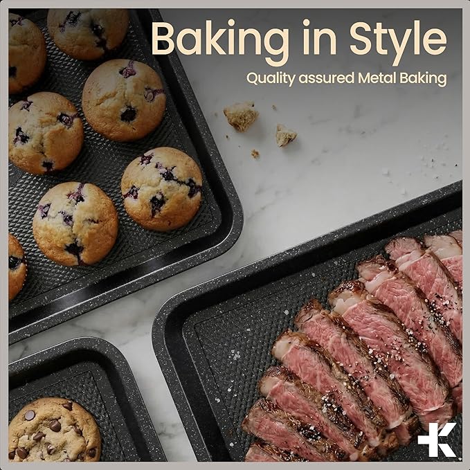 Diamond Bottom Cookie Sheet Set of 2, Nonstick Gray Marble Carbon Steel Baking Pans for Crisp Baking, Space-Saving Stackable Trays, PFOA, PFOS, PTFE Free, Oven Safe Up to 450°F, Small & Medium Pans - Image 8