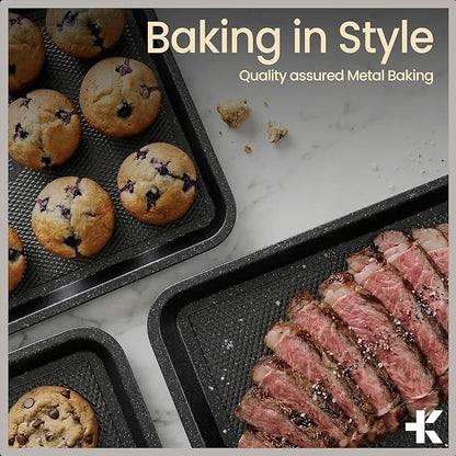 Diamond Bottom Cookie Sheet Set of 2, Nonstick Gray Marble Carbon Steel Baking Pans for Crisp Baking, Space-Saving Stackable Trays, PFOA, PFOS, PTFE Free, Oven Safe Up to 450°F, Small & Medium Pans - Image 8