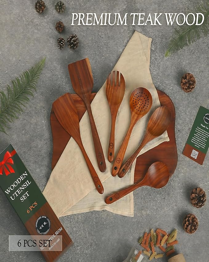 6-Piece Natural Teak Wood Utensil Set - Compact Nonstick Cooking Spoons & Spatulas, Durable Wooden Tools - Image 2