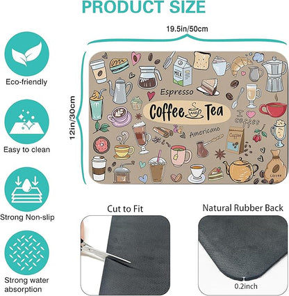 Super Absorbent Anti-Slip Silicone Dish Drying Mats for Kitchen Counter - Draining Pad Decor Gift - Fit Coffee Maker, Espresso Machine - 19inx12in