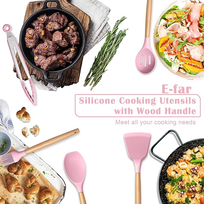E-far Silicone Cooking Utensils Set, 10-Piece Kitchen Utensils Set with Wooden Handle for Cooking, Non-toxic Silicone Kitchen Nonstick Tools Spatula Whisk Tongs Ladle, Heat Resistant & Health, Pink - Image 7