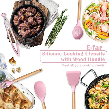 E-far Silicone Cooking Utensils Set, 10-Piece Kitchen Utensils Set with Wooden Handle for Cooking, Non-toxic Silicone Kitchen Nonstick Tools Spatula Whisk Tongs Ladle, Heat Resistant & Health, Pink - Image 7