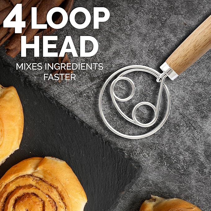 Zulay Kitchen Double-Eye 13" Danish Dough Whisk - Durable Easy Mixing Bread Whisk, Stainless Steel Danish Dough Hook, Sourdough Whisk For Mixing, Traditional Dutch Whisk, Dough Mixer Tool - Acacia - Image 4