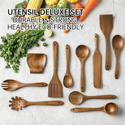 Wooden Utensil Set 12 PCS - Natural Non-Toxic Acacia Wooden Spoons for Cooking, Nonstick, Sturdy, Non-Scratch, Easy to Clean, Wood Kitchen Utensils Set with Holder, Spoon Rest & 6 Hooks - Image 4