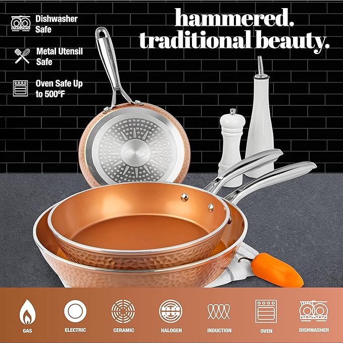 Gotham Steel Hammered Frying Pan Set, 3 Piece Nonstick Copper Fry Pans, 8”, 10” & 12” Skillet, Omelet Pan, Cookware, PFOA Free, Dishwasher Safe, Cool Touch Handle - Image 4