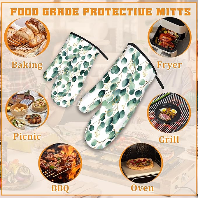 Eucalyptus Leaf Oven Mitts and Pot Holders Set,Golden Green Kitchen Decor Heat Resistant Non Slip Hot Pads and Oven Mitt for Chef Cooking Baking BBQ Mom Girl Gifts(4 Piece Set)