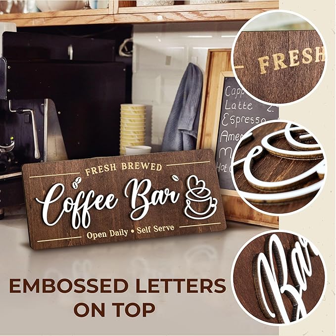 Woodamore Coffee Bar Signs for Wall Decor - Vintage Coffee Accessories for Cafe Station Signs Decorations, Small Farmhouse Cafe Sign for Home Decor Kitchen, Countertop - Image 5
