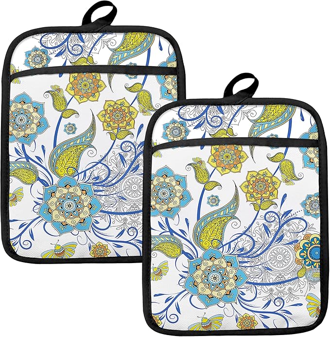 Boho Floral Oven Mitts Set, Vintage Luxury Blue and Gold Flower Floral Heat Resistant Kitchen Oven Gloves for Baking and Cooking,Pot Holders by HUGANE