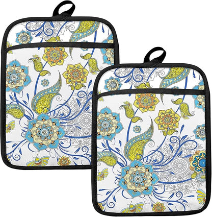 Boho Floral Oven Mitts Set, Vintage Luxury Blue and Gold Flower Floral Heat Resistant Kitchen Oven Gloves for Baking and Cooking,Pot Holders by HUGANE