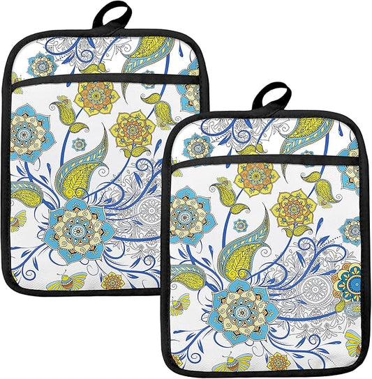 Boho Floral Oven Mitts Set, Vintage Luxury Blue and Gold Flower Floral Heat Resistant Kitchen Oven Gloves for Baking and Cooking,Pot Holders by HUGANE