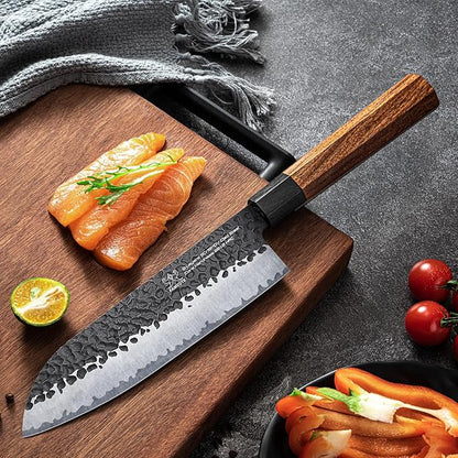FAMCÜTE Santoku Knife 7 inch, Hand Forged 5 Layers 9CR18MOV High Carbon Steel Professional Kitchen Knife, Ultra Sharp Rosewood Handle Japanese Chopping Knife As a Thoughtful Birthday Gift for Dad/Mom - Image 2