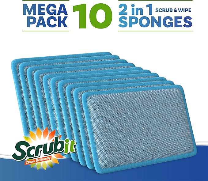 Scrub and Wipe Cleaning Sponges [10 Pack] – SCRUBIT Dual Sided Scouring Pad and Sponge - Reusable Kitchen Scrubbing Sponges for Dishes, Pots, Pans Utensils & Non-Stick Cookware (Blue) - Image 2