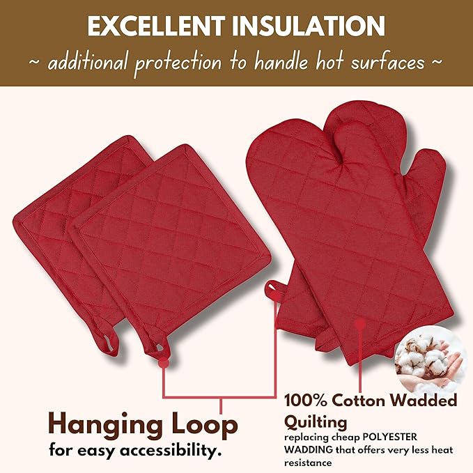 Native Fab Pot Holders and Oven Mitts Sets for Kitchen Heat Resistant - Hanging Non-Slip - 100% Cotton Kitchen Oven Mitts and Pot Holders 4-Piece Set - Red - Image 4