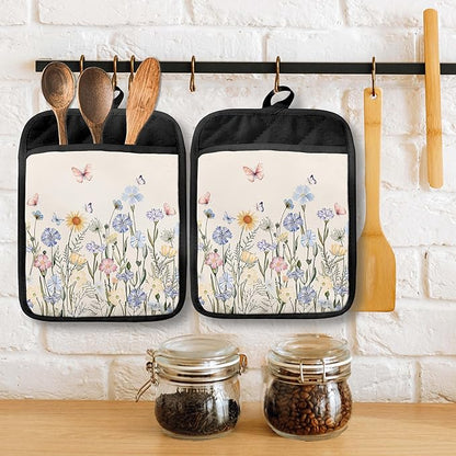 Butterfly Floral Pot Holders with Pockets, Cottagecore Wildflower Botanical Oven Pot Holders Heat Resistant Oven Mitts Hot Pads for Kitchen Baking Cooking