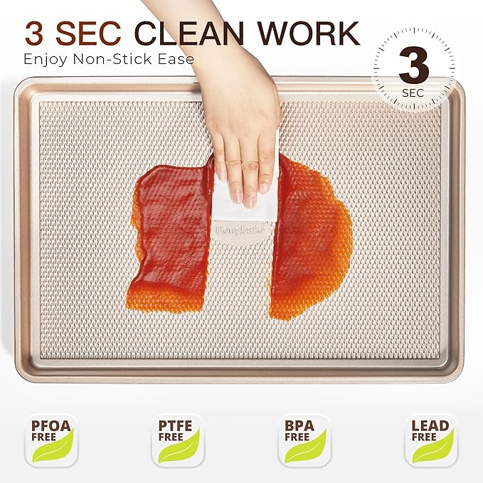 HONGBAKE 3 Pack Gold Nonstick Baking Sheet Pan Set with Oven Mitts Heat Resistant, Non-Toxic Half/Quarter/Jelly Roll Pans with Diamond Texture Pattern, Heavy Duty 0.8mm Thick Cookie Trays for Cooking - Image 7