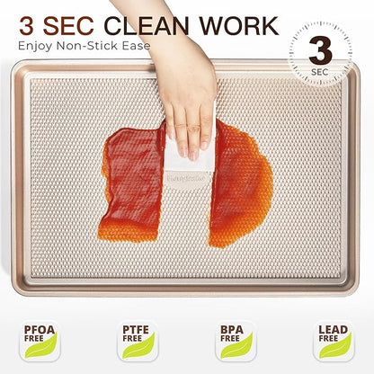 HONGBAKE 3 Pack Gold Nonstick Baking Sheet Pan Set with Oven Mitts Heat Resistant, Non-Toxic Half/Quarter/Jelly Roll Pans with Diamond Texture Pattern, Heavy Duty 0.8mm Thick Cookie Trays for Cooking - Image 7