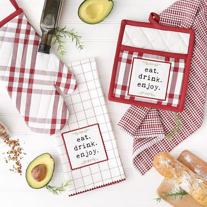 DII Home Sweet Farmhouse Kitchen Collection, Potholder/Oven Mitt/Dishtowel Set, Barn Red, 4 Count