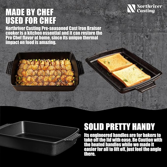 Northriver Casting 2-In-1 Pre Seasoned Cast Iron Dutch Oven With Skillet Lid,Casserole Dish,Rectangular Baking Pan,Griddle Pot Set, 6QT, 9"x13" - Image 4