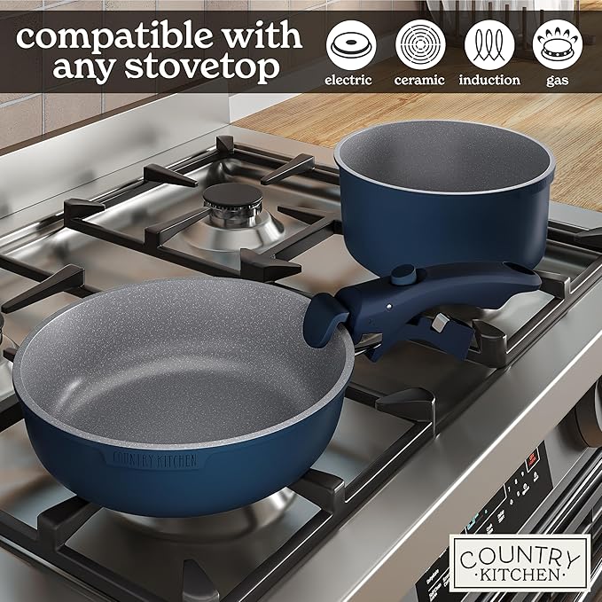 Country Kitchen Cookware Set with Removable Handle, Oven & RV Safe Pots and Pans Set, Denim, Original - Image 6