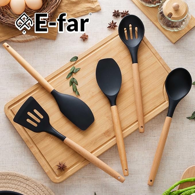 E-far Silicone Cooking Utensils Set, 5-Piece Black Kitchen Utensils Set with Wooden Handle for Cooking, Silicone Kitchen Nonstick Tools Spatula Turner Slotted Spoons, Nontoxic & Heat Resistant-Black - Image 7