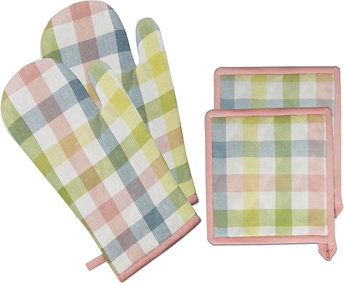 COTTON CRAFT Oven Mitt and Pot Holder Set - Gingham Buffalo Check 2 Oven Mitts 2 Pot Holders Set - Easter Spring Cotton Extra Long Mitt - Insulated Heat Resistant Quilted Kitchen Glove - Yellow Multi by COTTONCRAFT