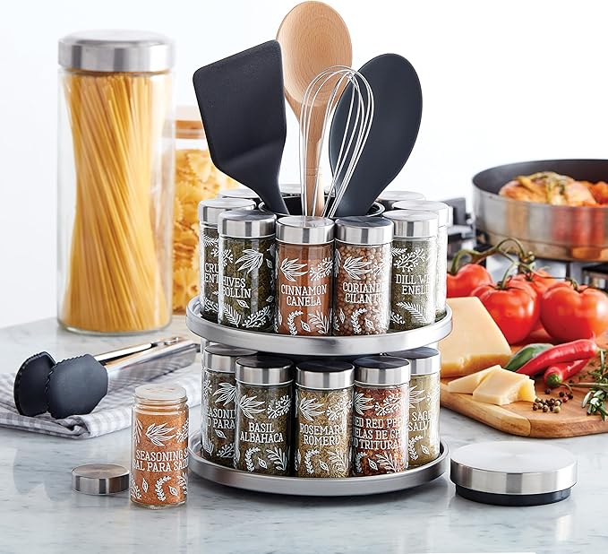 Kamenstein 20 Jar Revolving Spice Rack with Integrated Tool Caddy, Brushed Stainless Steel with Stainless Steel Caps - Image 6