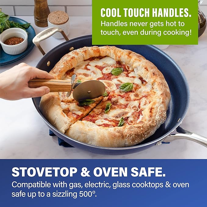 Granitestone 14 Inch Frying Pan with Lid, Non Stick Skillet for Cooking, Nonstick Diamond Coated Large Frying Pan, Family Sized, Oven & Dishwasher Safe Up to 500°F, 4.5 Qt Aluminum Skillet, Blue - Image 3